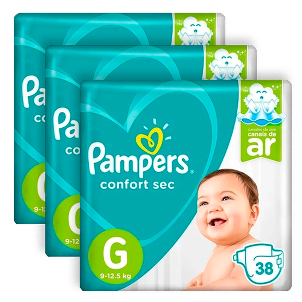 Kit com 3 Fraldas Pampers Confort Sec Mega G - 114 Unidades